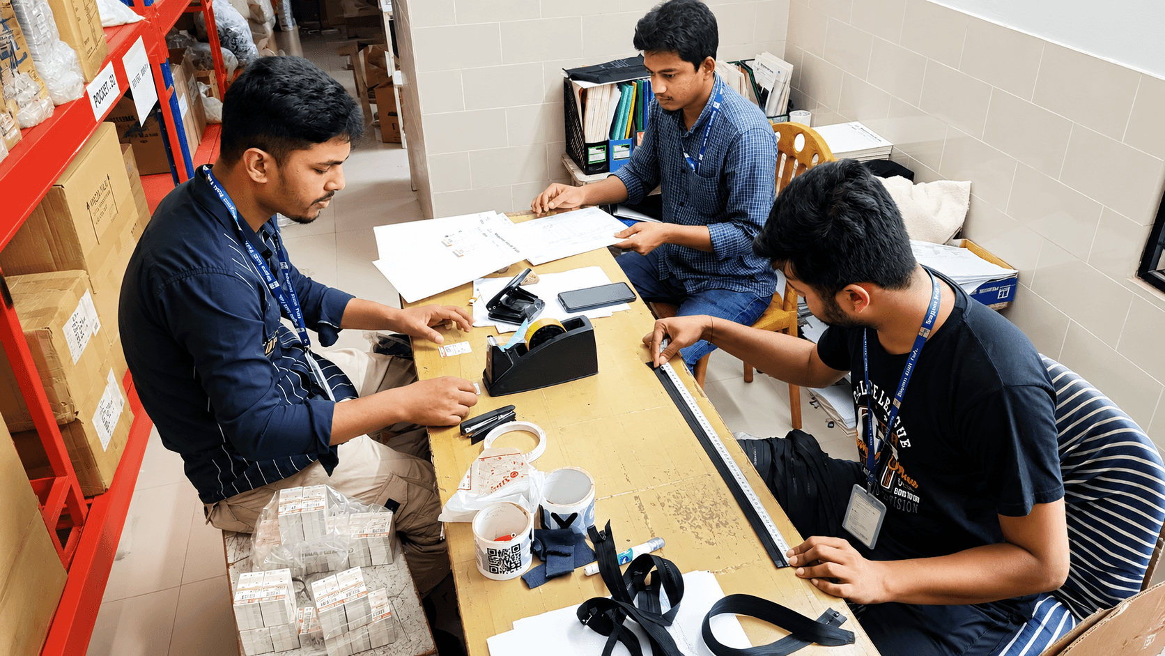 Quality control team inspecting finished T-shirts